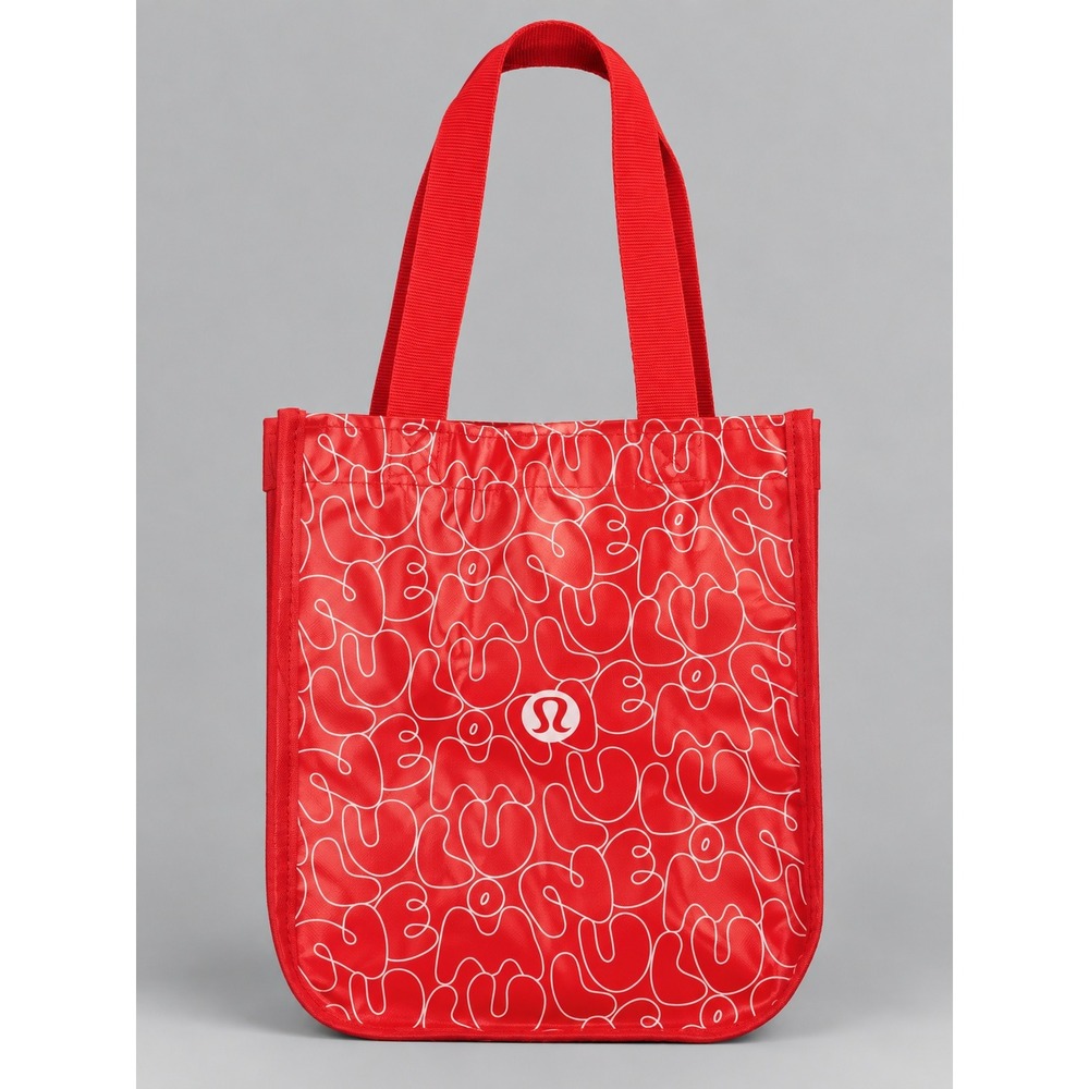 Lululemon Reusable Small Tote Bag Red White Logo Print Snap Closure Shopper